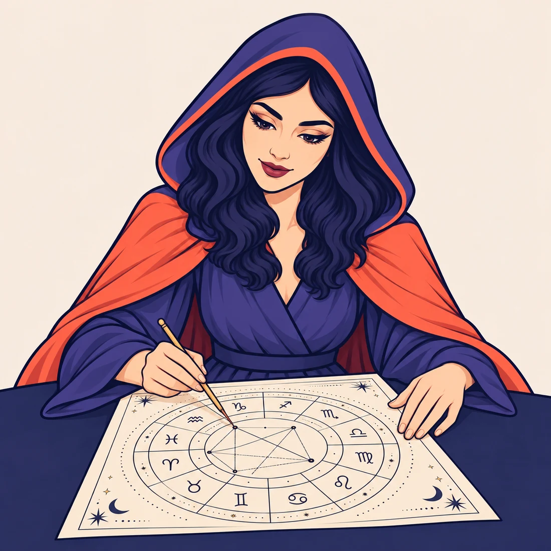 The Oraclium reader studies a symbolic zodiac wheel with a pen