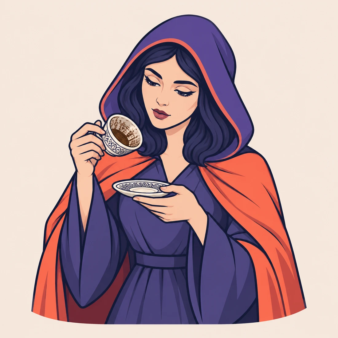 The Oraclium character examines a small Turkish coffee cup